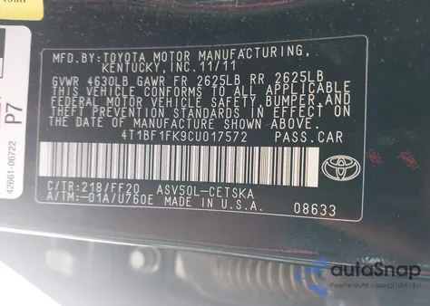 2012 Toyota Camry Se z USA, uszkodzony, nr VIN 4T1BF1FK9CU017572
